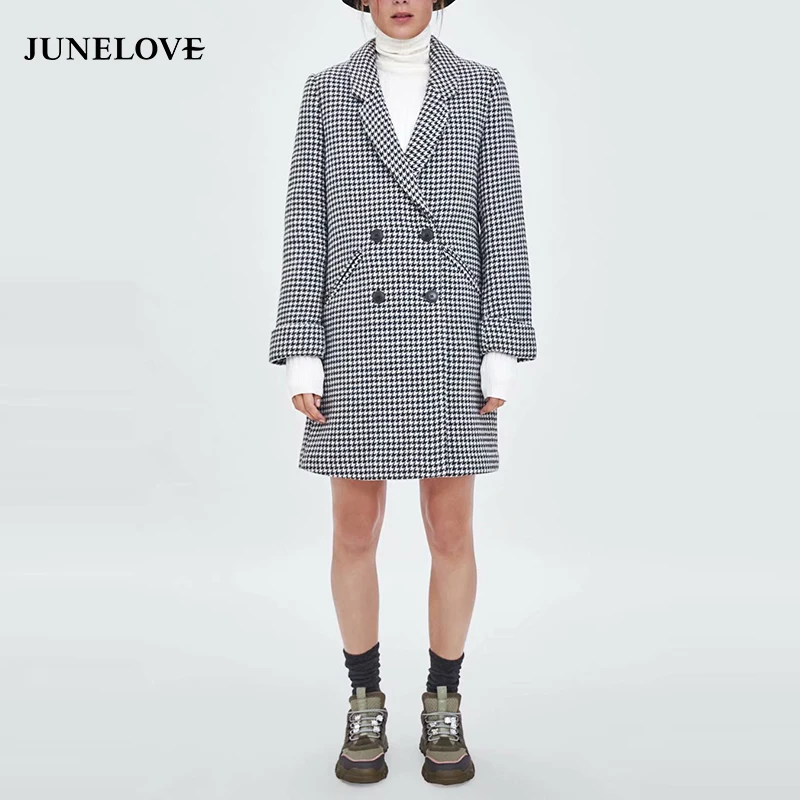 Женское длинное клетчатое пальто JuneLove винтажное двубортное шерстяное с длинным