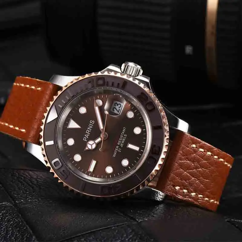 Модные мужские механические часы Parnis 40 мм с коричневым циферблатом