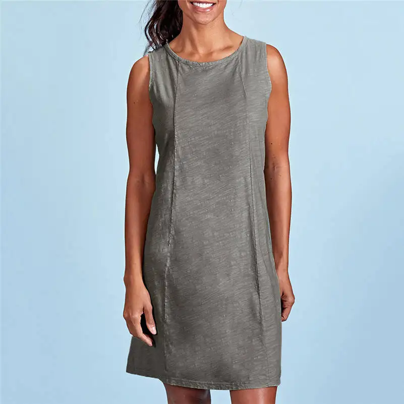 Женское Повседневное платье без рукавов из хлопка и льна с круглым вырезом 661D4 |