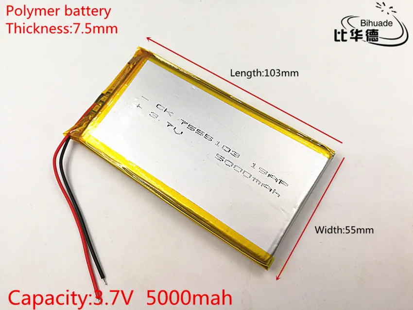 7555103 3.7V 5000mAh Polymer Lithium Li-Po Rechargeable Battery For GPS | Электроника
