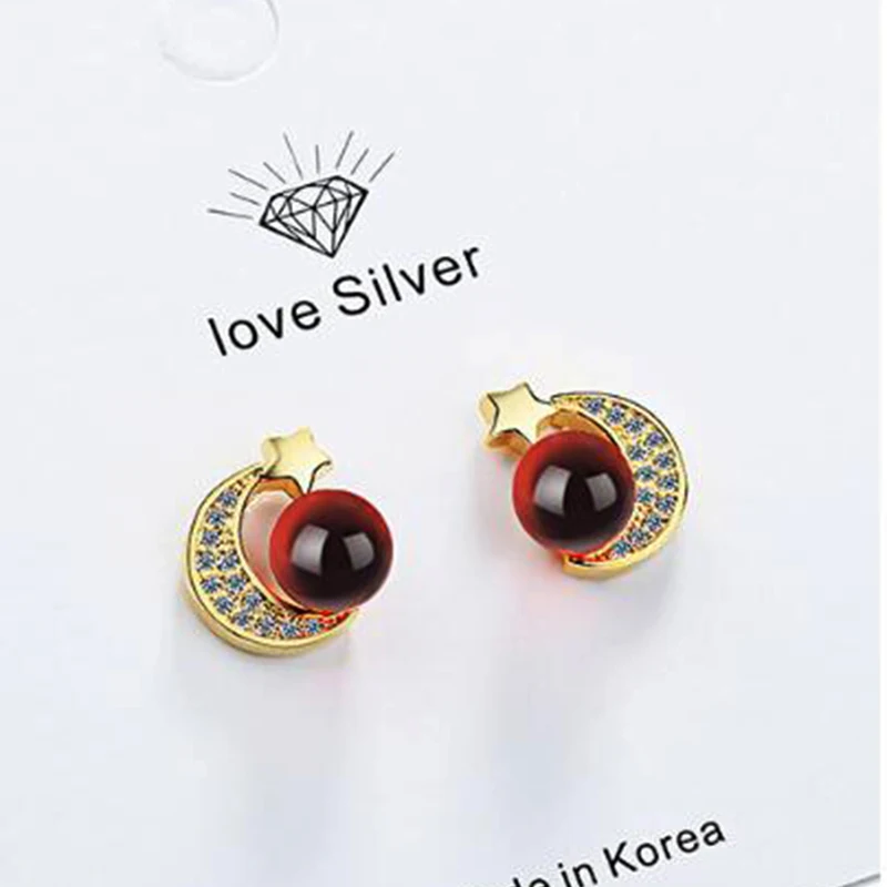 Гранат Звезда Луна женские серьги-гвоздики маленький красный камень простой
