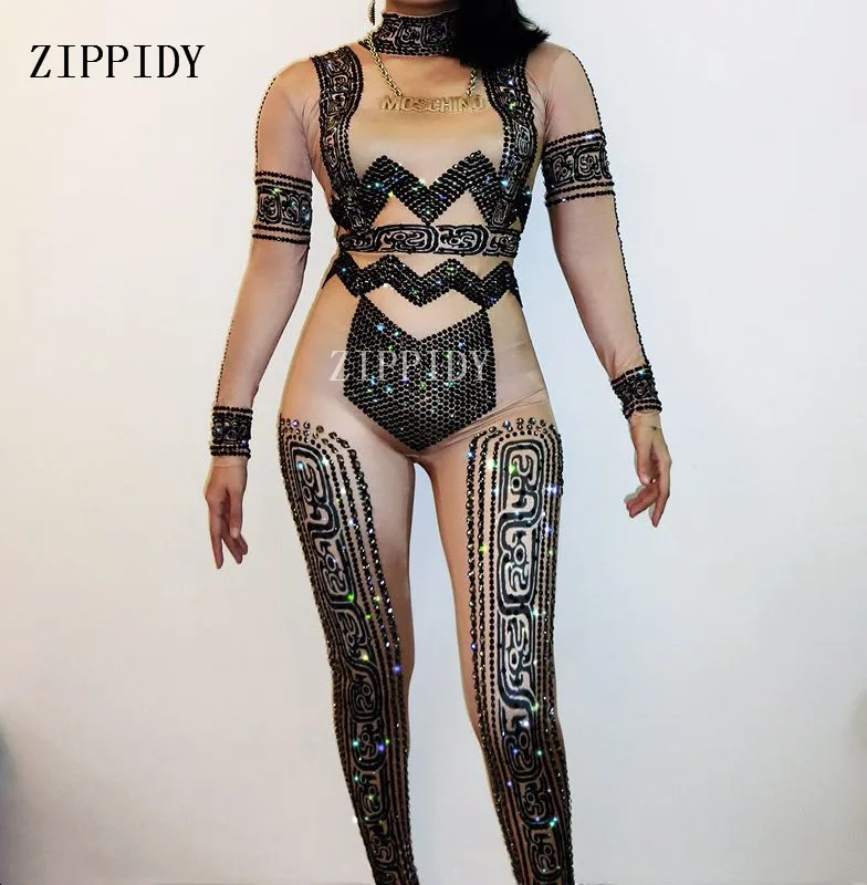 Black Rhinestone Sexy Women Nude Jumpsuit Nightclub Performance Female Singer Dancer Wear Long Sleeves One-piece Stretch Costume