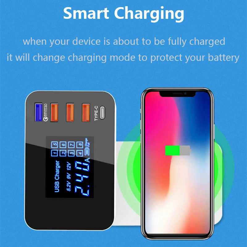 5 портов USB зарядная станция ЖК-дисплей настольная умная Беспроводная зарядка