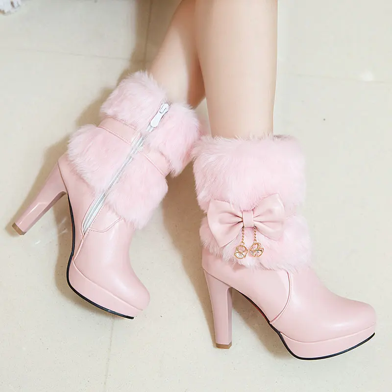 New high Heels platform women ankle snow boots rouned toe ladies party dress shoes black white pink large Size 43