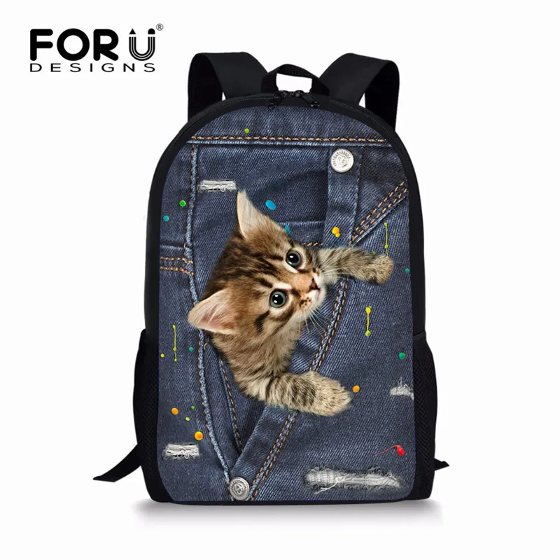 FORUDESIGNS/черные джинсовые дизайн с изображением животных; школьные рюкзаки для студентов, кошек и собак 3D печатных рюкзаки для мальчиков и девочек классный Детский рюкзак для книг, Mochila - Цвет: CC3325C