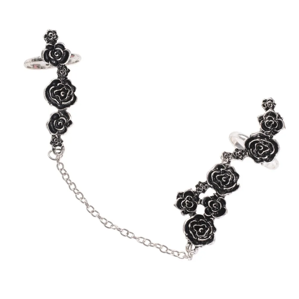 Серебряное регулируемое кольцо с 2 пальцами и цепочкой черным цветком розы для