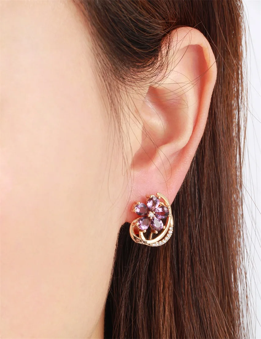 Маленькие женские серьги кольца Windshow с пятилепестками и фиолетовым цирконием
