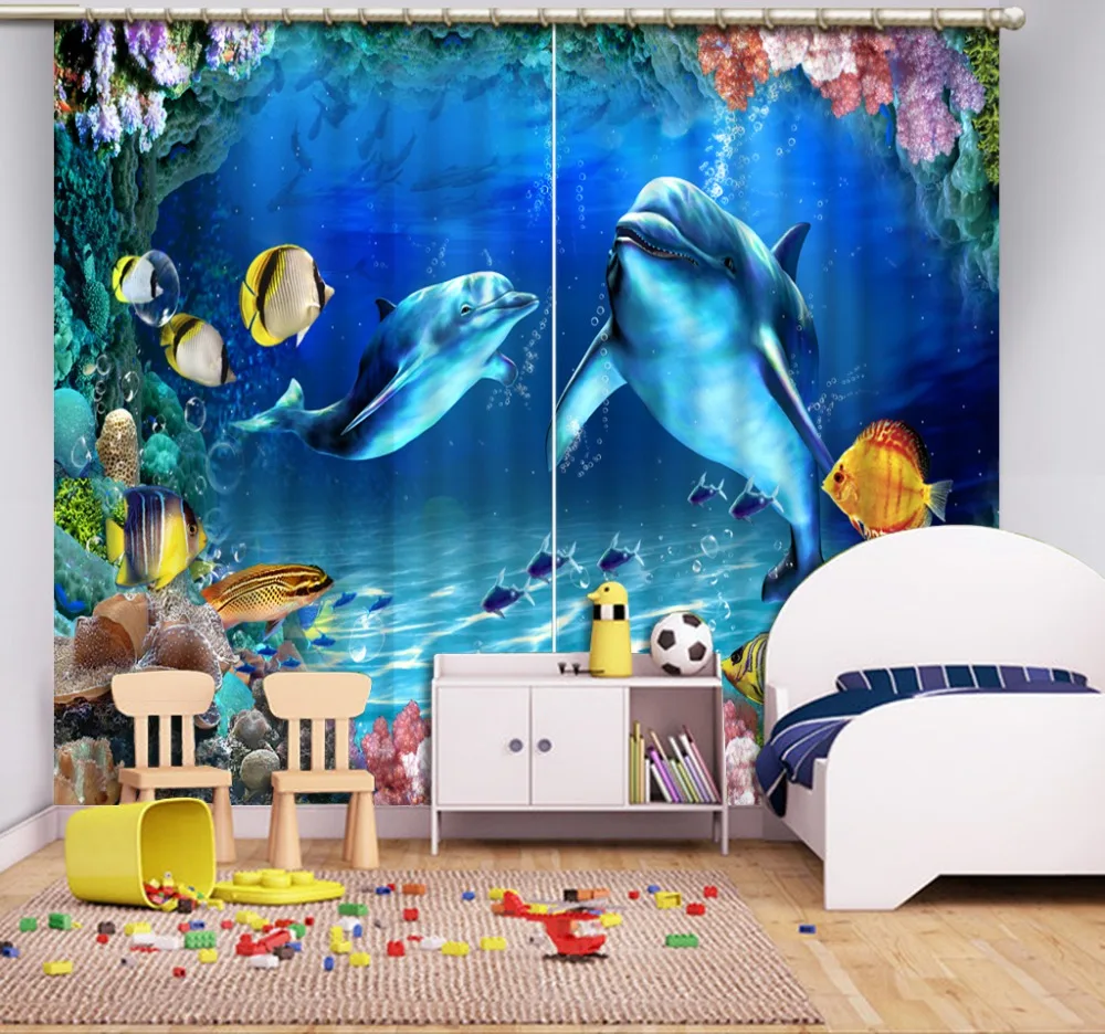 

Modern Home Decoration Blackout 3D Curtain stereoscopic ocean dolphin curtains blue curtains