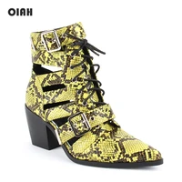 oiah brand ankle boots for women green pu leather hollow out short boots lace up fashion sexy pointed toe western cowboy botas