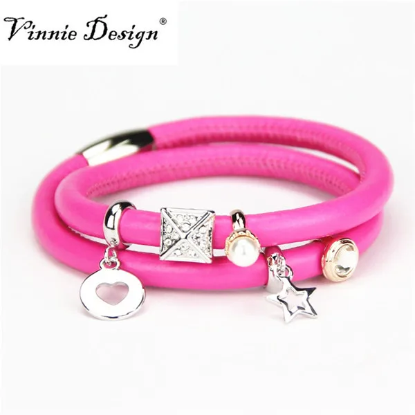 Vinnie дизайн замкнутый кожаный браслет двойной розовый Красный Нержавеющая сталь