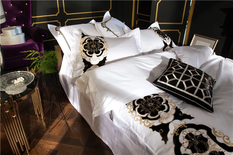 

White Luxury 100S Egyptian Cotton Black Embroidery Royal Bedding Set Duvet Cover Bed sheet Bed Linen Pillowcases Queen King size