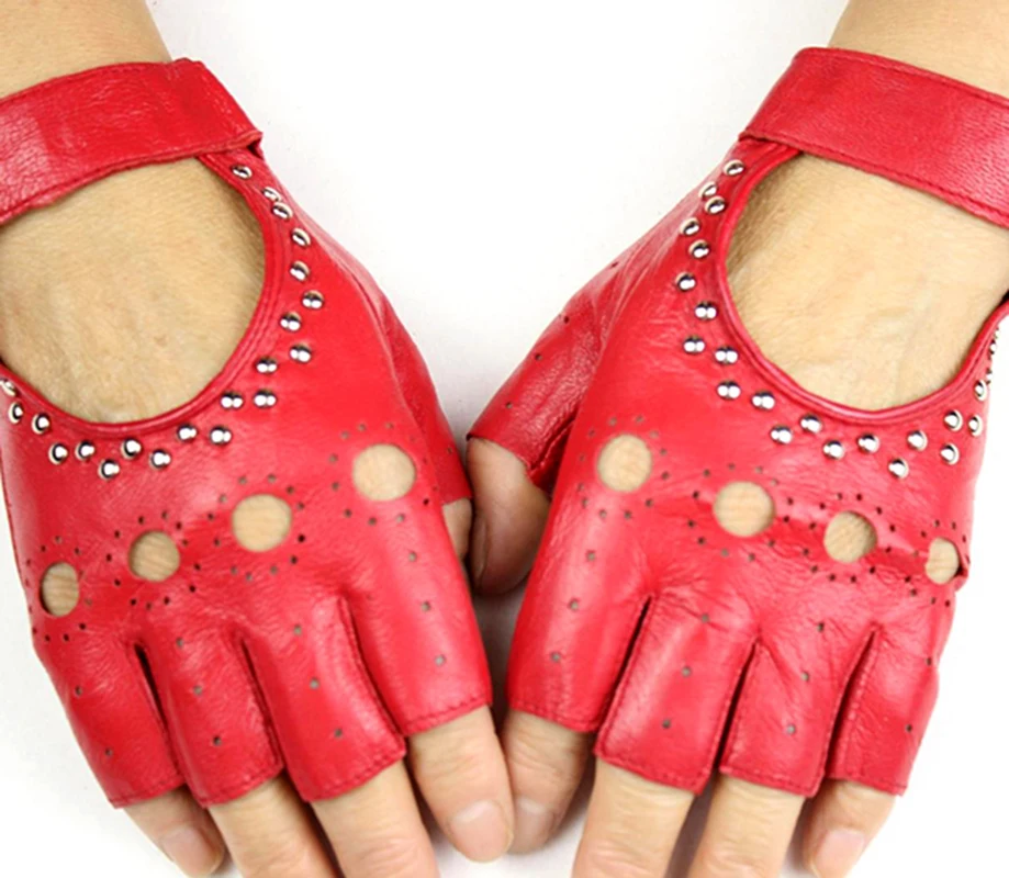 

Half Finger Leather Gloves Female sSheepskin Short Fashion Hollow Rivet Style Thin Outdoor Sports Car Driving Locomotive Riding