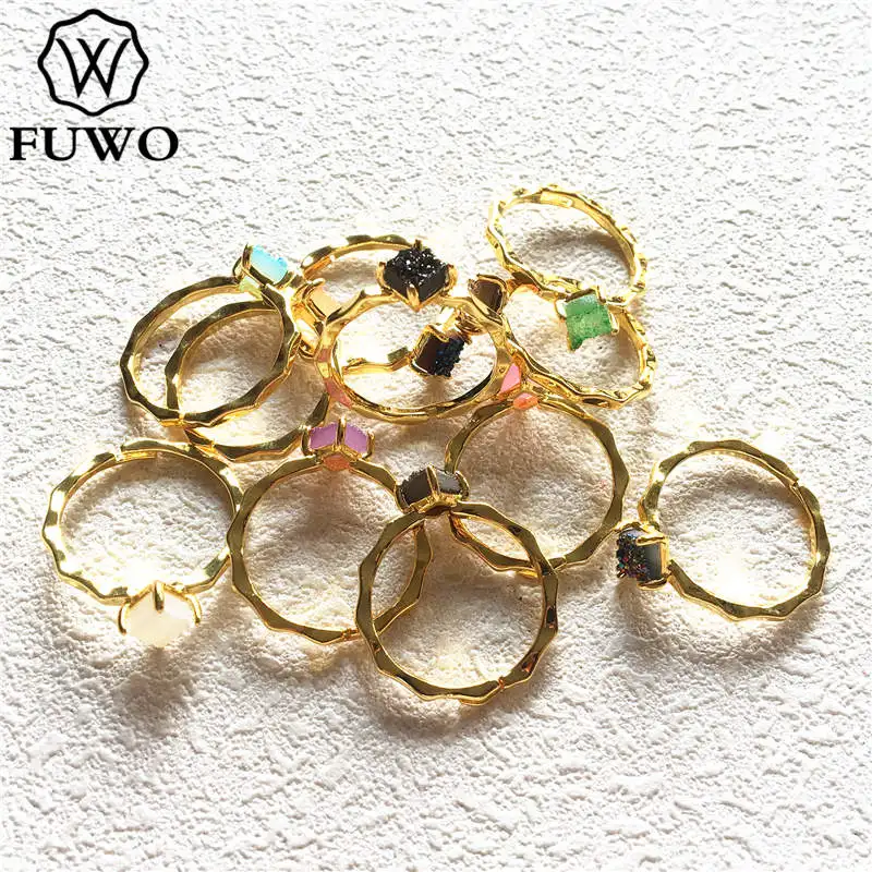 Mix Color-G FUWO квадратное кольцо Aura Druzy с 24K золотым наполнением, минималистичный дизайн, необработанные кольца Druzy для женщин, регулируемый размер RG017 - Цвет основного камня: Mix Color-G