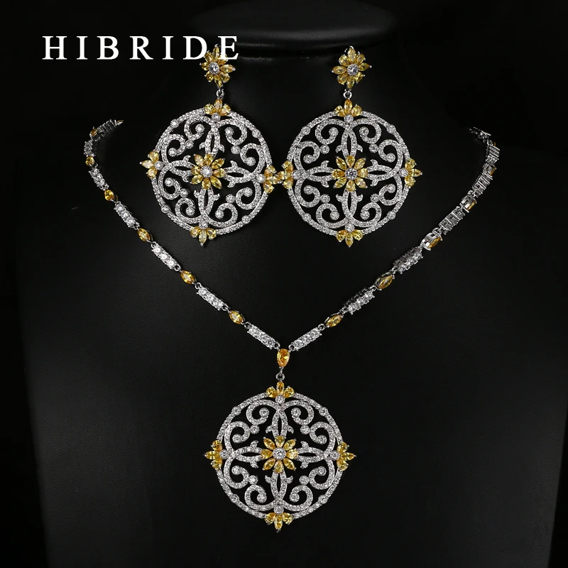 

HIBRIDE Luxury Style Round Flower Shape Colorful Swiss CZ Pendants Bridal Women Wedding Jewelry Sets N-65