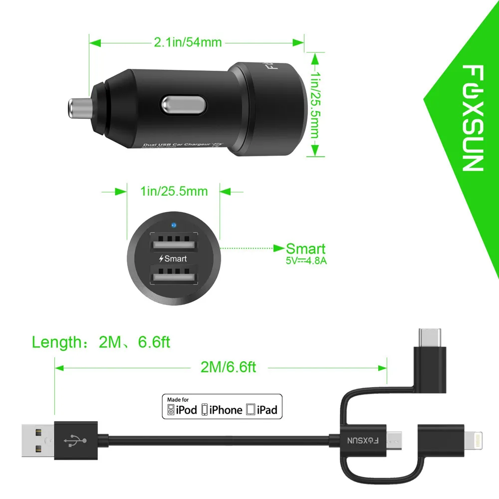 Foxsun 4.8A/24W Металлический Двойной Смарт USB порты автомобильное зарядное устройство