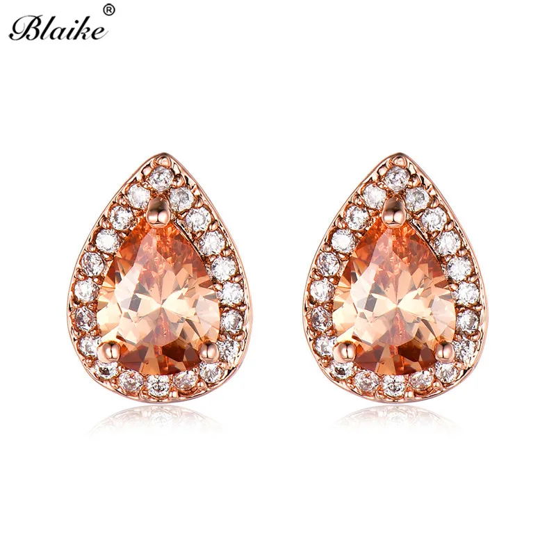 Blaike Груша Cut Stone Water Drop Циркон Стад Серьги для Для женщин розовое золото Заполненные Шампанское Teardrop Серьги Модные украшения подарок - Окраска металла: Champagne
