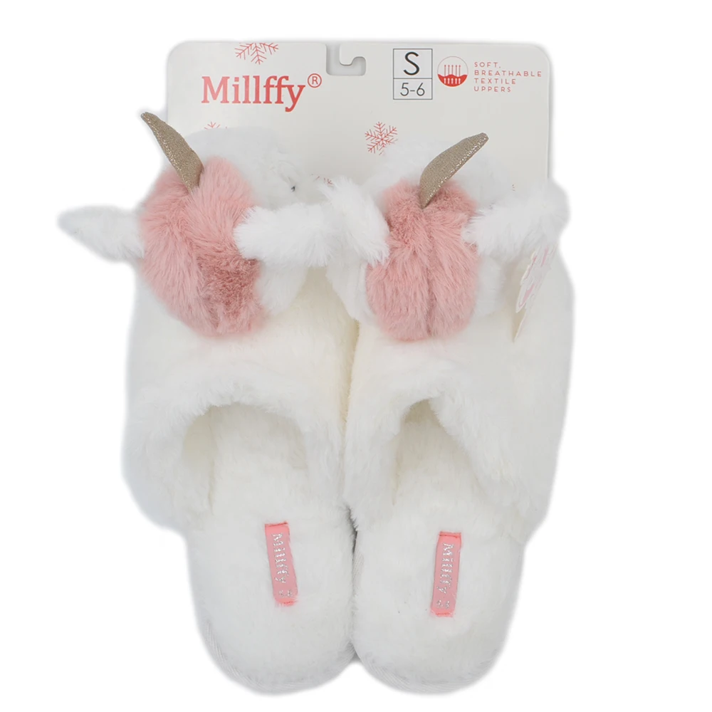 Millffy/Лидер продаж; очаровательные Зимние новые плюшевые тапочки с головой единорога; удобные плюшевые домашние тапочки с кроликом