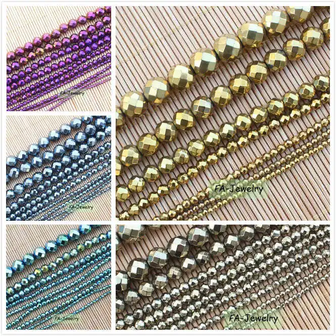 

Faceted Natural Hematite plated color 2-12mm Round Beads 15inch per strand ,
