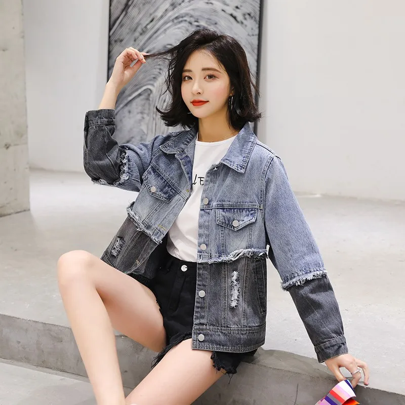 

Denim Short Jacket Women Autumn Winter New Korean Fashion Spliced Loose Casual Jeans Coats Ripped Frayed Overcoat Female