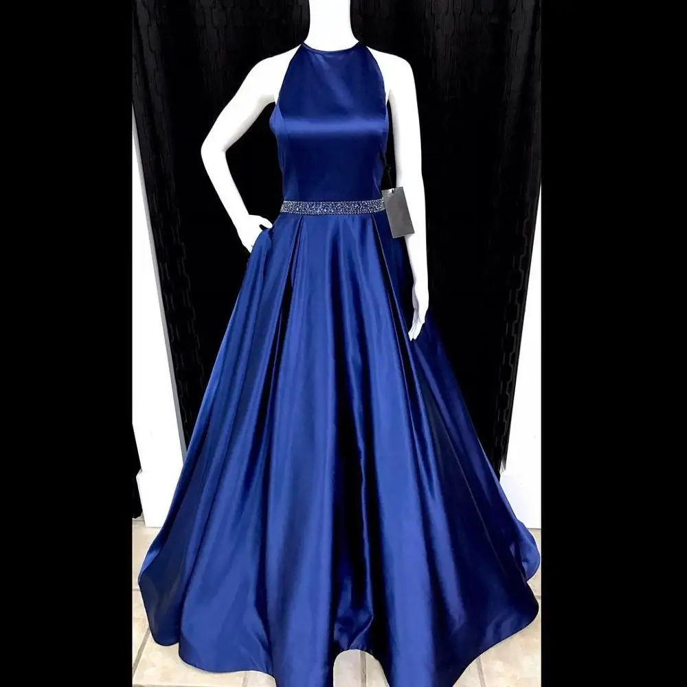 HONGFUYU Elegant Satin Halter Ball Gown Prom Dresses Long Beaded Belt Formal Occasion Gowns Party with Pockets Evening | Свадьбы и