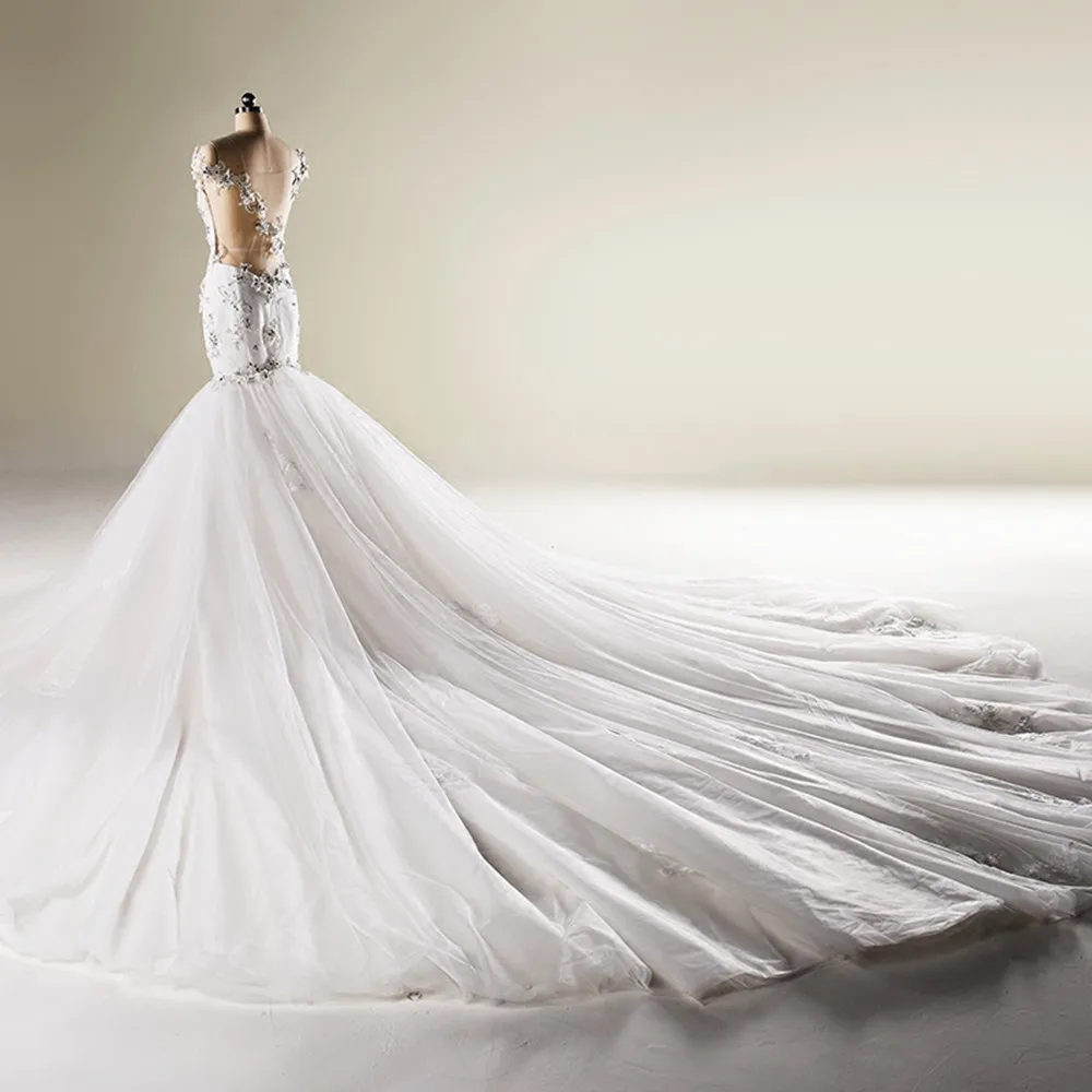 Vestido De Noiva Свадебные платья русалки Часовня Шлейфы для свадебных платьев сексуальное глубокое круглое декольте свадебное платье модный халат De Mariage