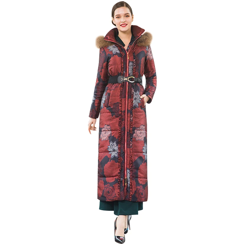 

2018 S-4XL Women Parkas Space Cotton Long Coat Maxi Jacquard Winter Fur Cap Collar X-Long Overcoat Plus Size 9063
