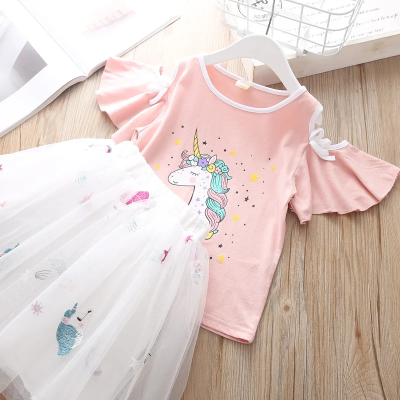 Комплекты летней детской одежды для девочек футболка с рисунком единорога и