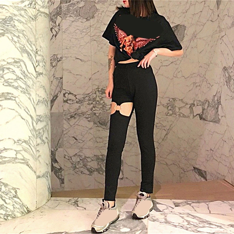 2019 женские сексуальные черные выдалбливают Длинные брюки уличная облегающие