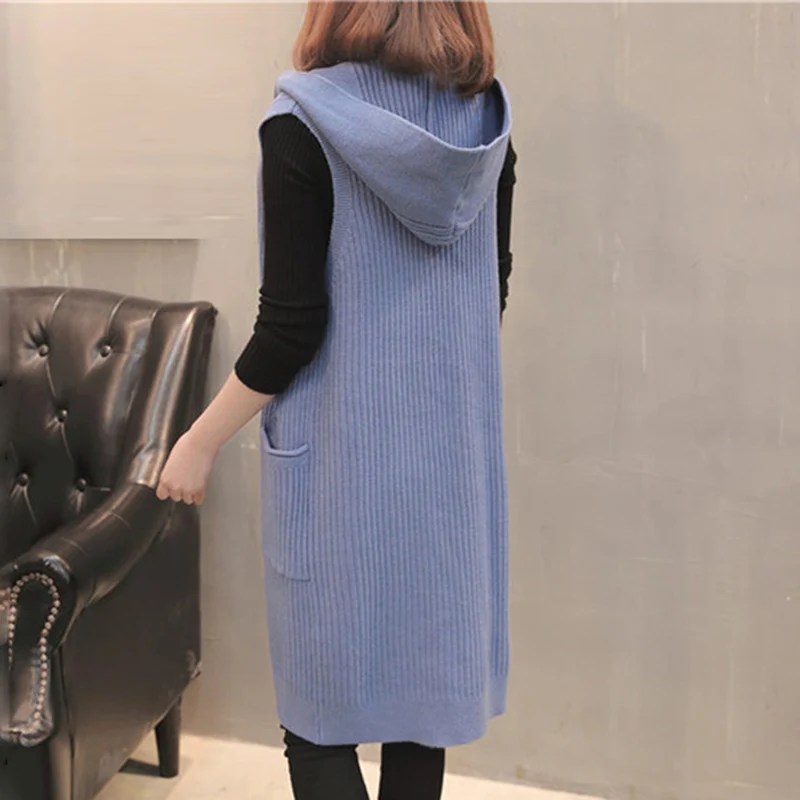 Женский длинный кардиган без рукавов теплый Свободный вязаный с карманами