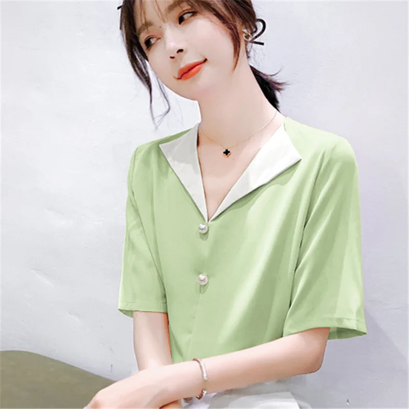 Women Tops 2019 Summer New Fashion Blouses Chiffon Short Sleeve POLO Neck Shirts Solid Color Casual Office Ladies Top Blusas |