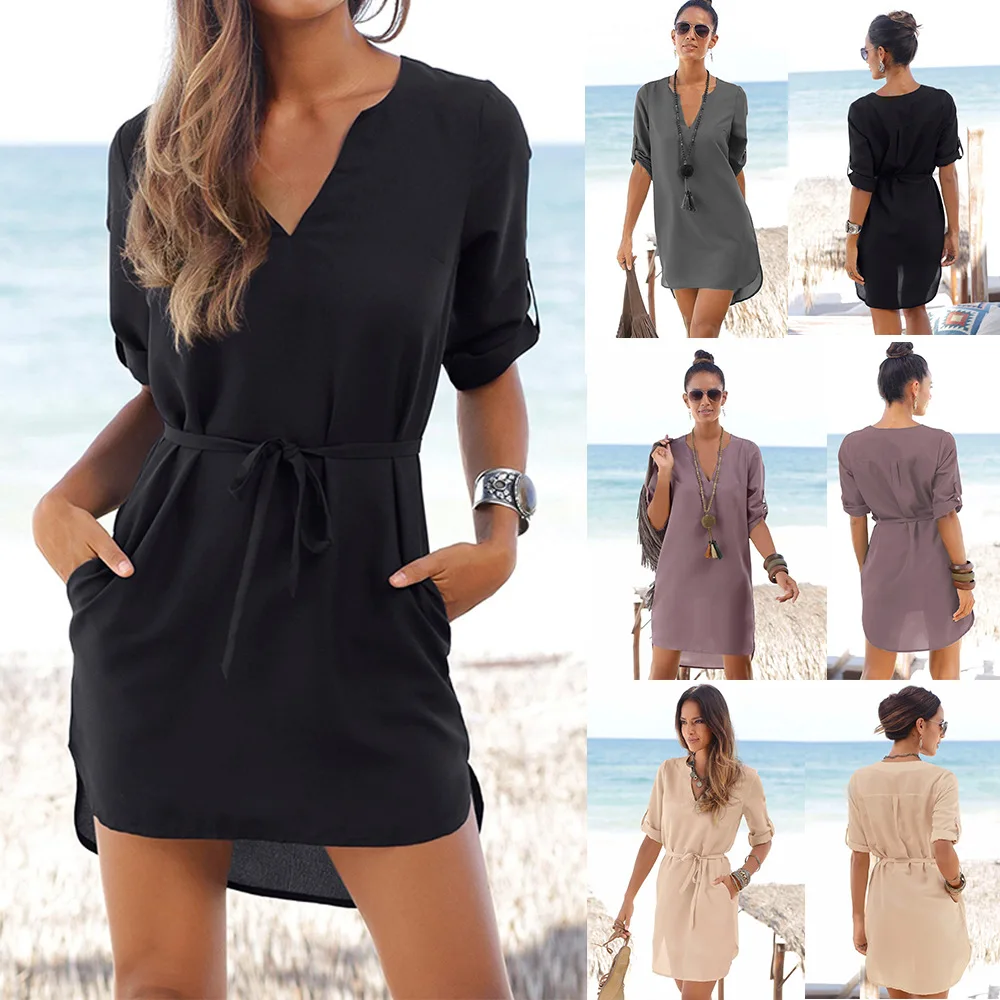 5 цветов, женское пляжное платье, короткая Туника Футболка, платье Vestidos, Однотонный сарафан с v-образным вырезом, винтажные карманы, свободные шифоновые вечерние платья