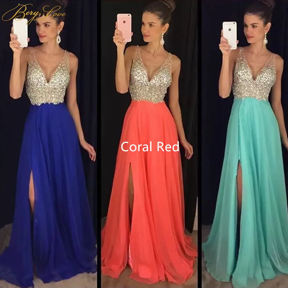 Coral Red Румяно-розовое элегантное вечернее платье с кристаллами и бисером, сексуальное шифоновое платье с v-образным вырезом и высоким разрезом, длинное платье для выпускного вечера - Цвет: Coral Red