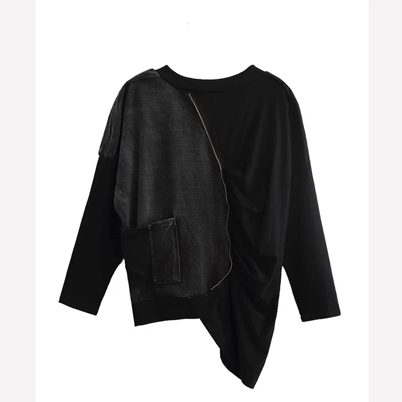 Женская Асимметричная футболка с длинным рукавом черная Свободная рубашка