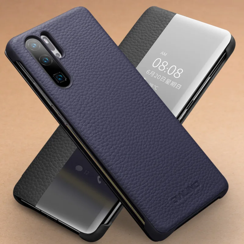 Роскошный флип чехол из натуральной кожи Lichi для Huawei P30 Pro деловой смарт с окошком
