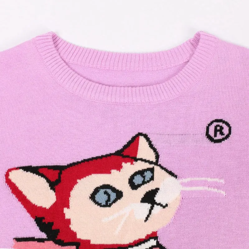 JOYDU 2018 New Autumn Jumper Cute Cat Cartoon Pattern Long Sleeve Knitted Sweater Women Purple Sweet Runway Harajuku Top | Женская