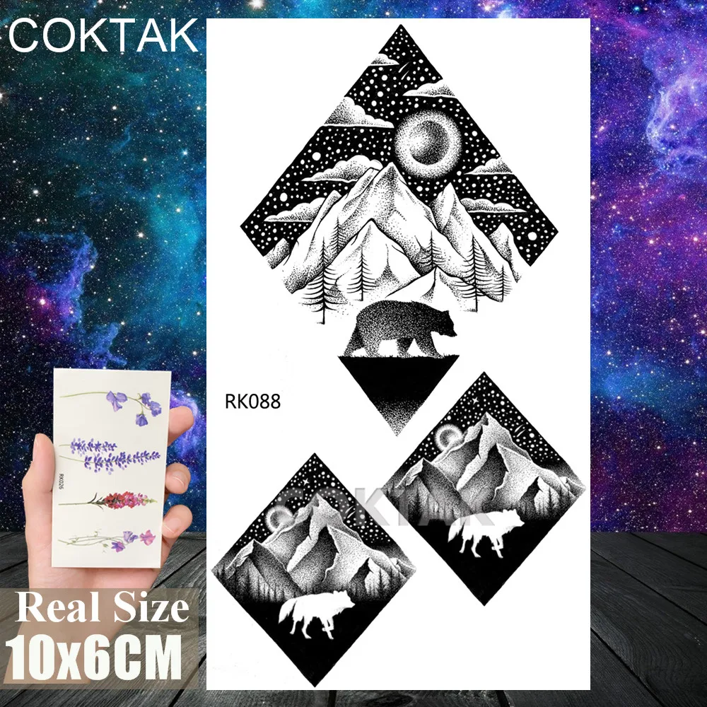 Черная луна звезда Временные татуировки наклейка с животными для мужчин