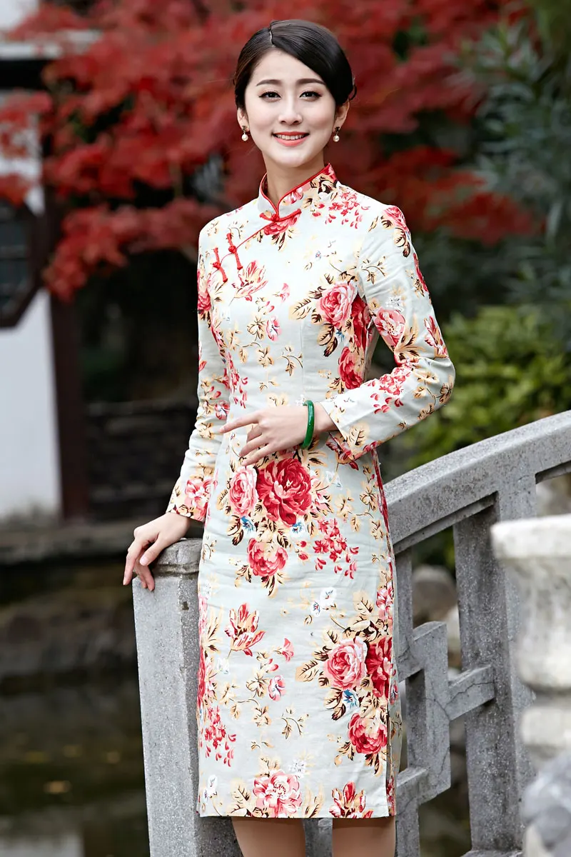 red flower Chinese women' cotton/linen long sleeves evening Dress/ Cheong-sam s-3xl | Тематическая одежда и униформа