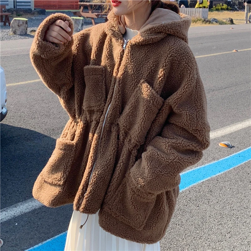 PERHAPS U Women Ted Coat Zipper Pocket Hooded White Brown C0114 | Женская одежда