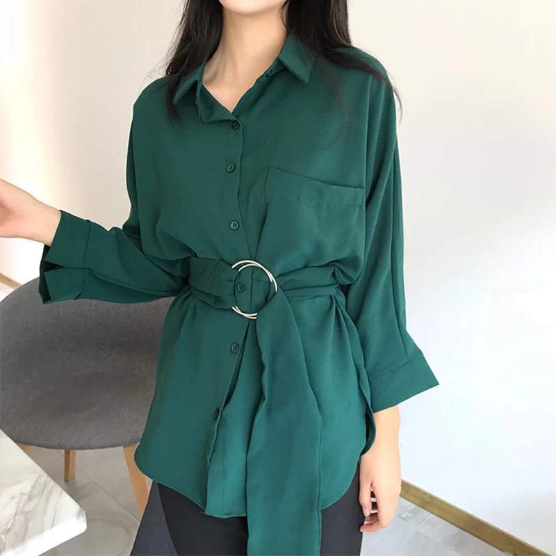Green Женские кружевные блузки с поясом, белые офисные женские элегантные рубашки с отложным воротником и пуговицами, Летняя женская одежда, топы - Цвет: Green