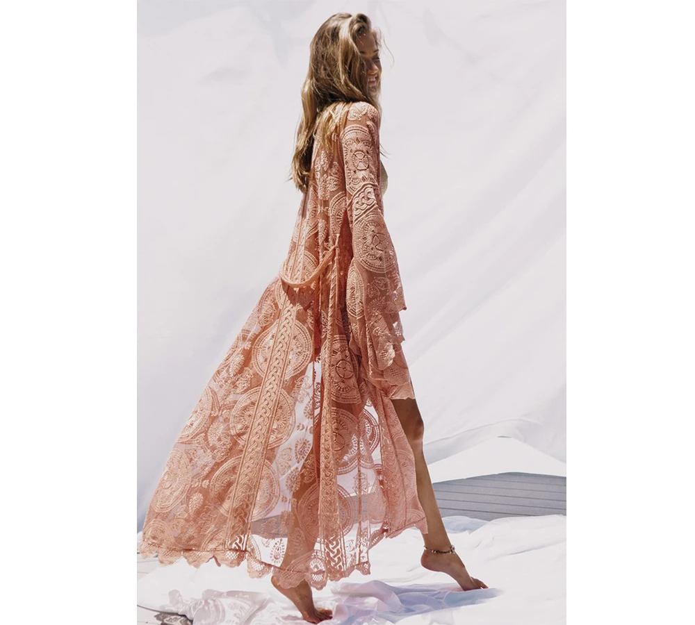 Прозрачное Кружевное длинное кимоно с принтом 2018 осень оверсайз расклешенными