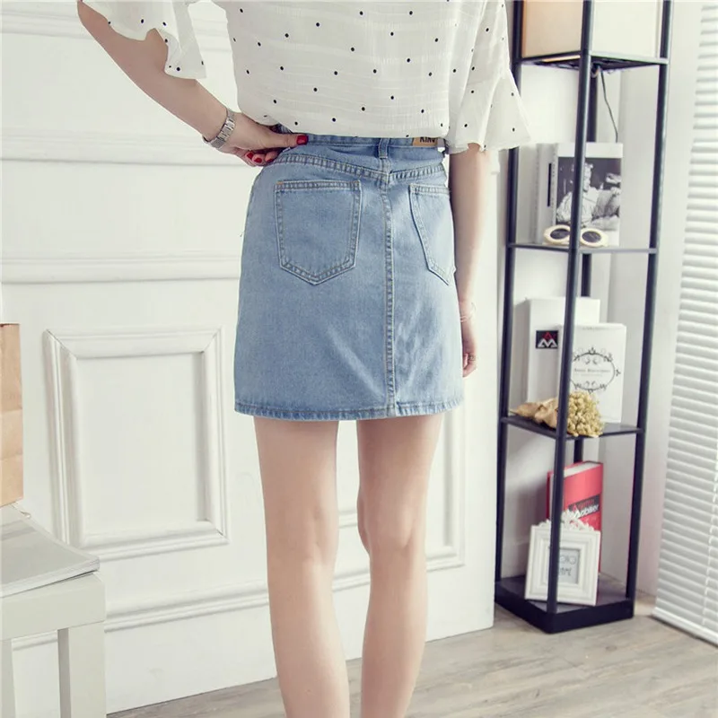 

Womens Pockets Button Jeans Skirt Summer High Waist Skirts Solid Casual A-Line Denim Skirt 2019 Female Korean Fashion