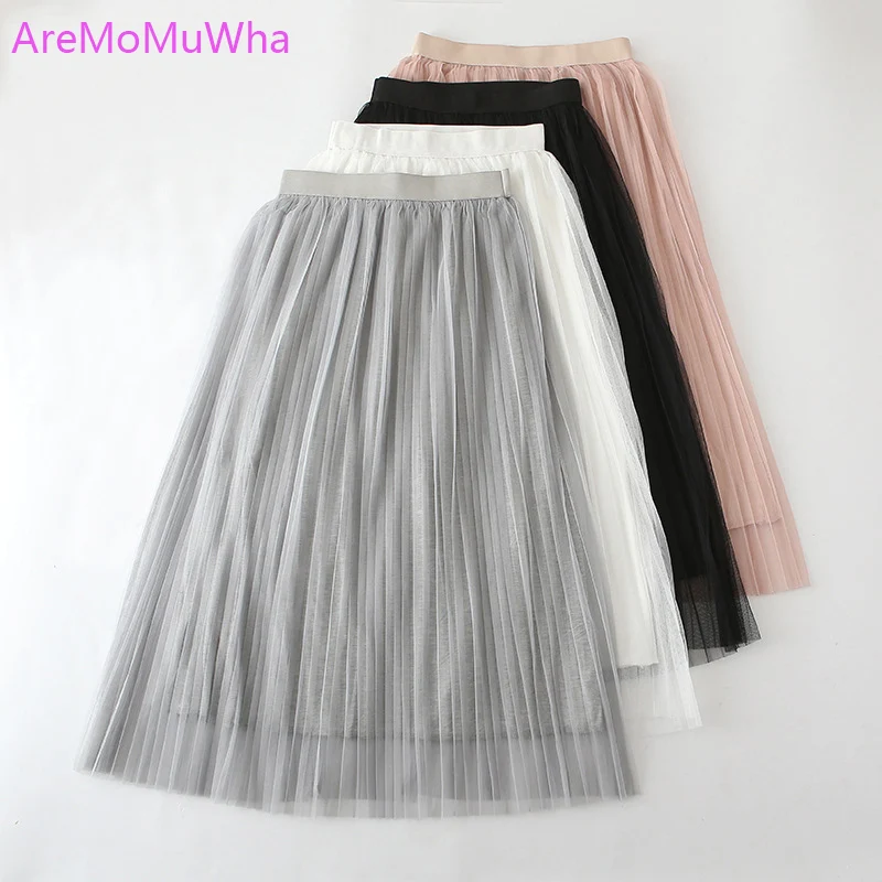 

AreMoMuWha New Summer Sweet High Waist Mesh Skirts Women Solid All-Match Slim Pleated Skirt Mid-Calf Party Ball Gown Skirts Mh21