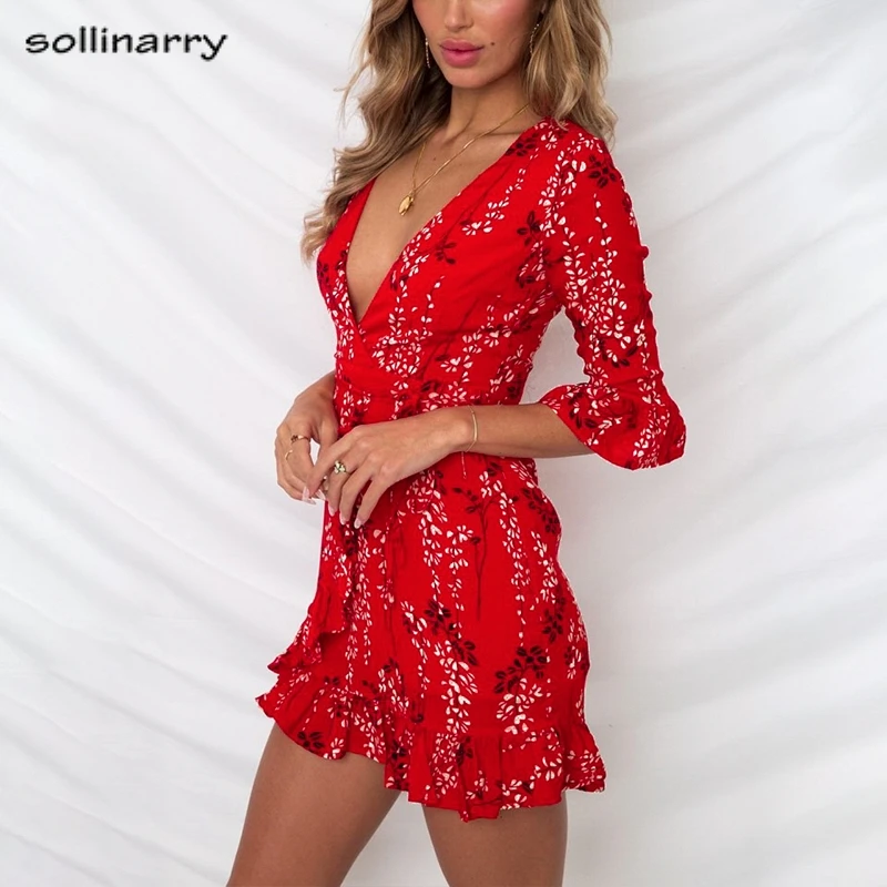 Sollinarry 2019 красное сексуальное летнее платье с рукавом-бабочкой v-образный вырез