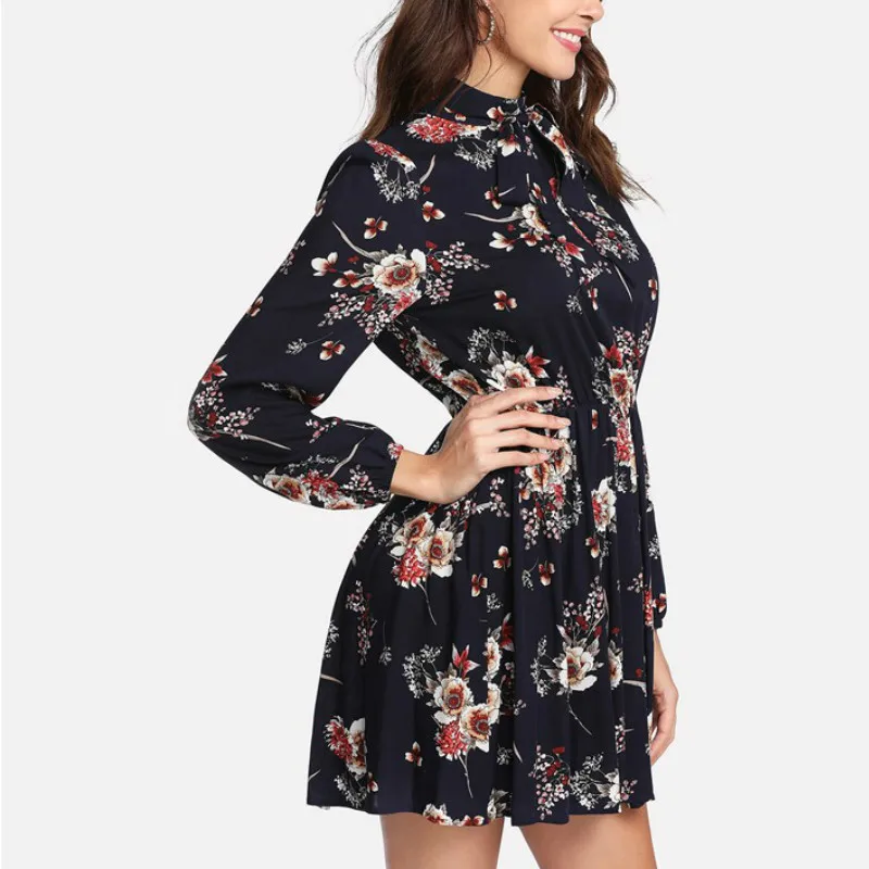 Новинка 2019 цветочные женские платья многоцветные элегантные с длинным рукавом