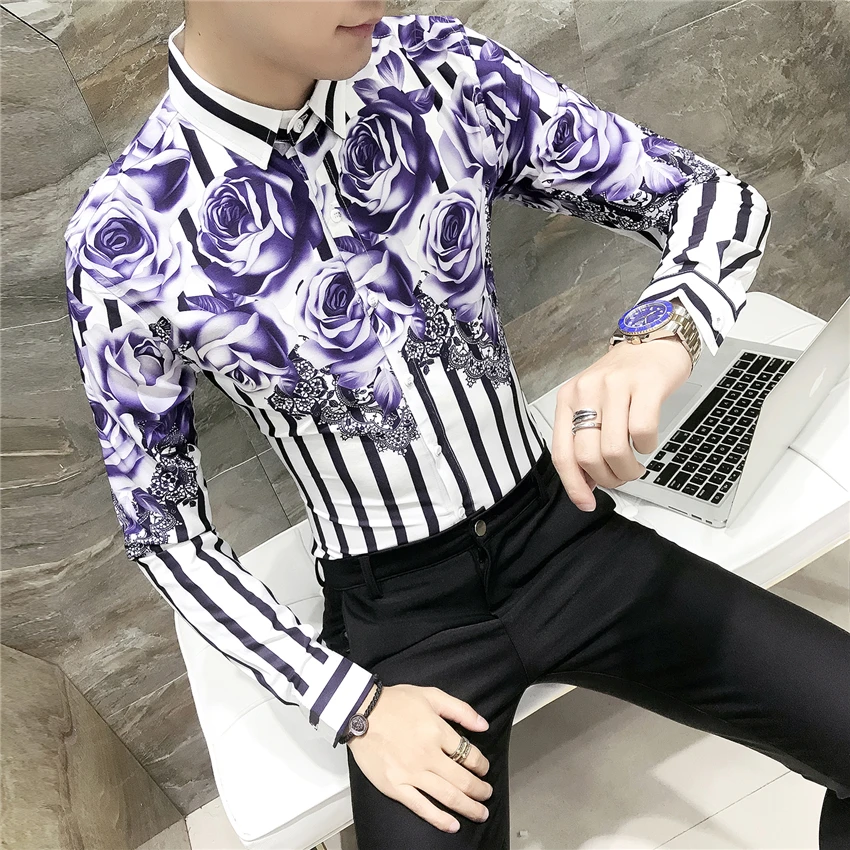 Модная мужская рубашка с длинными рукавами принтом размер S 3XL деловая свадебная