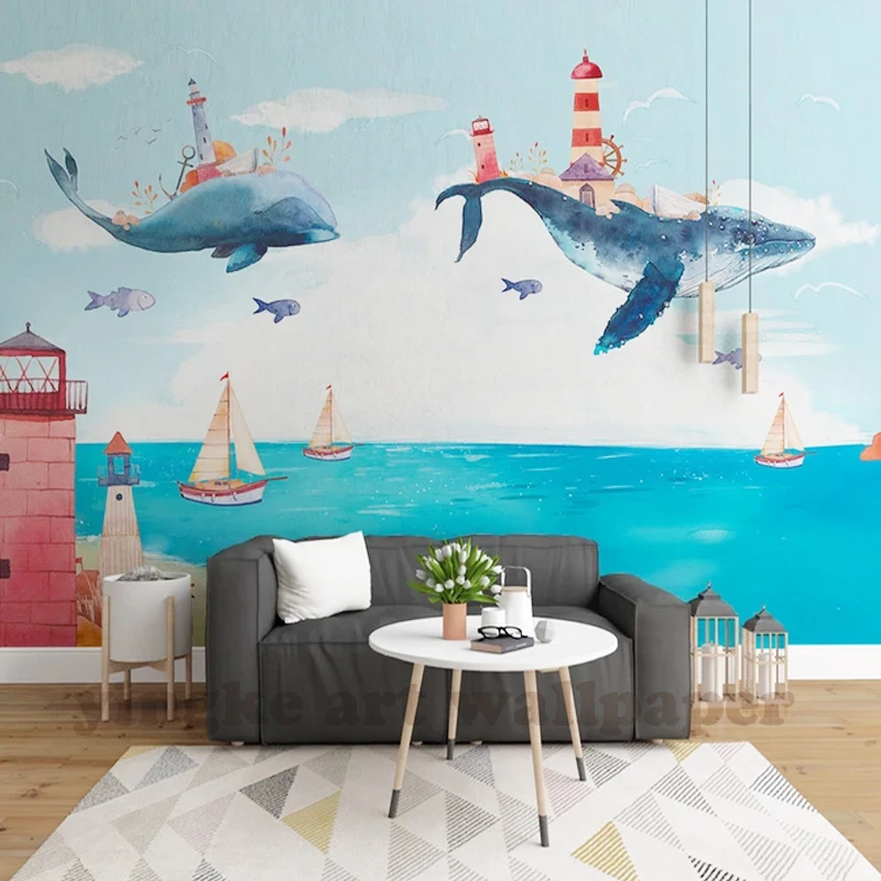Фотообои Северная Европа акварель медиранский морской Кит Жилая детская комната