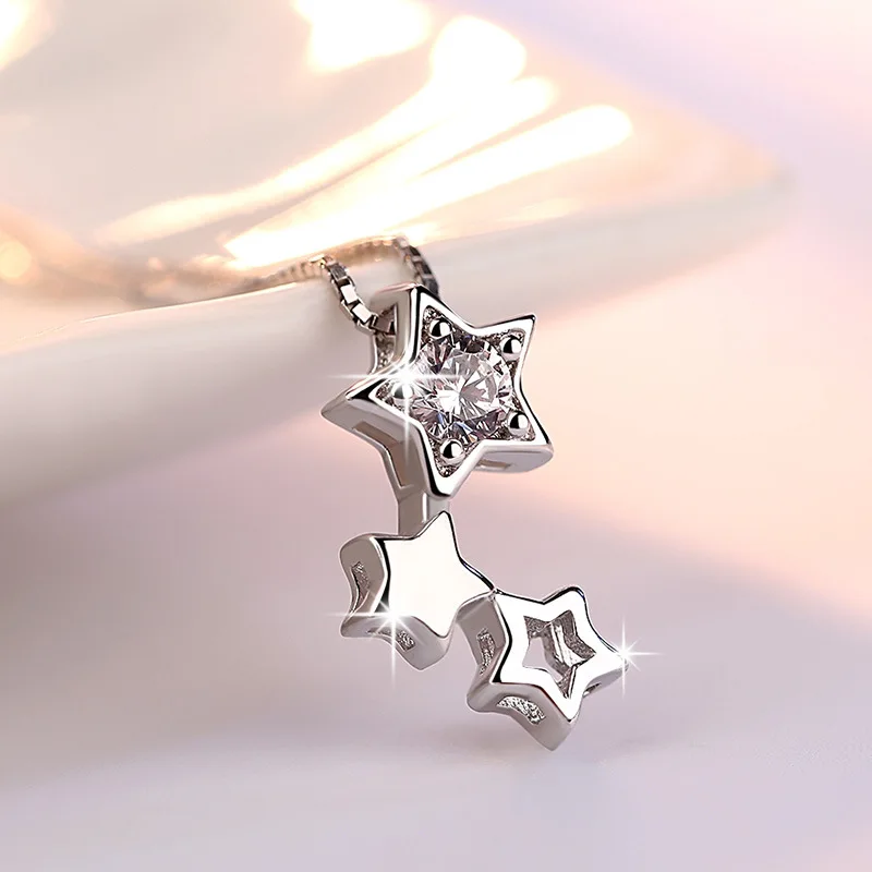 Женская цепочка из серебра 100% пробы с подвеской в виде трех звезд|Ожерелья| |