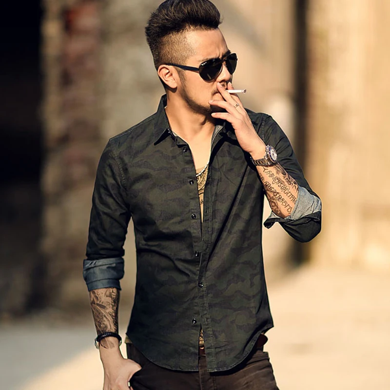 Для мужчин длинные рукава с принтом камуфляж тонкий наивысшего качества рубашка