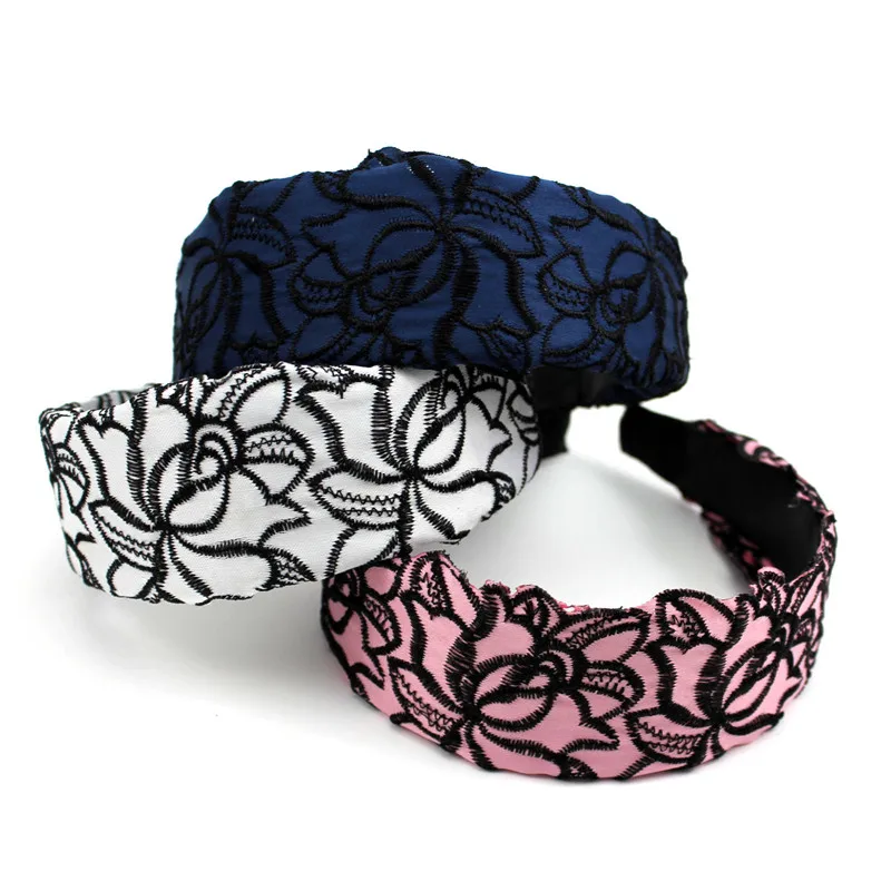 Стильный женский широкий ободок для волос с вышивкой розы головной убор темно
