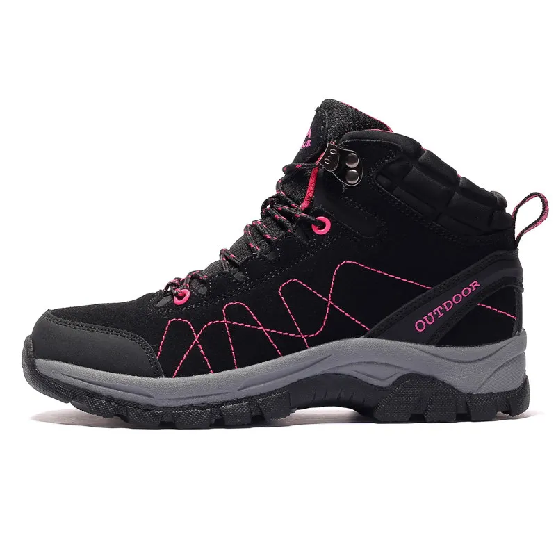 Sneakers Women Waterproof Leather Hiking Shoes Men Warm Velvet Female Outdoor Sport Shoes Trekking Mountain Climbing Suede Boots - Цвет: women black hiking